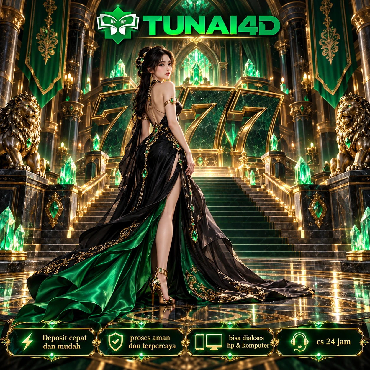 Poster TUNAI4D menampilkan karakter di istana fantasi hijau emas dengan patung singa dan elemen informasi