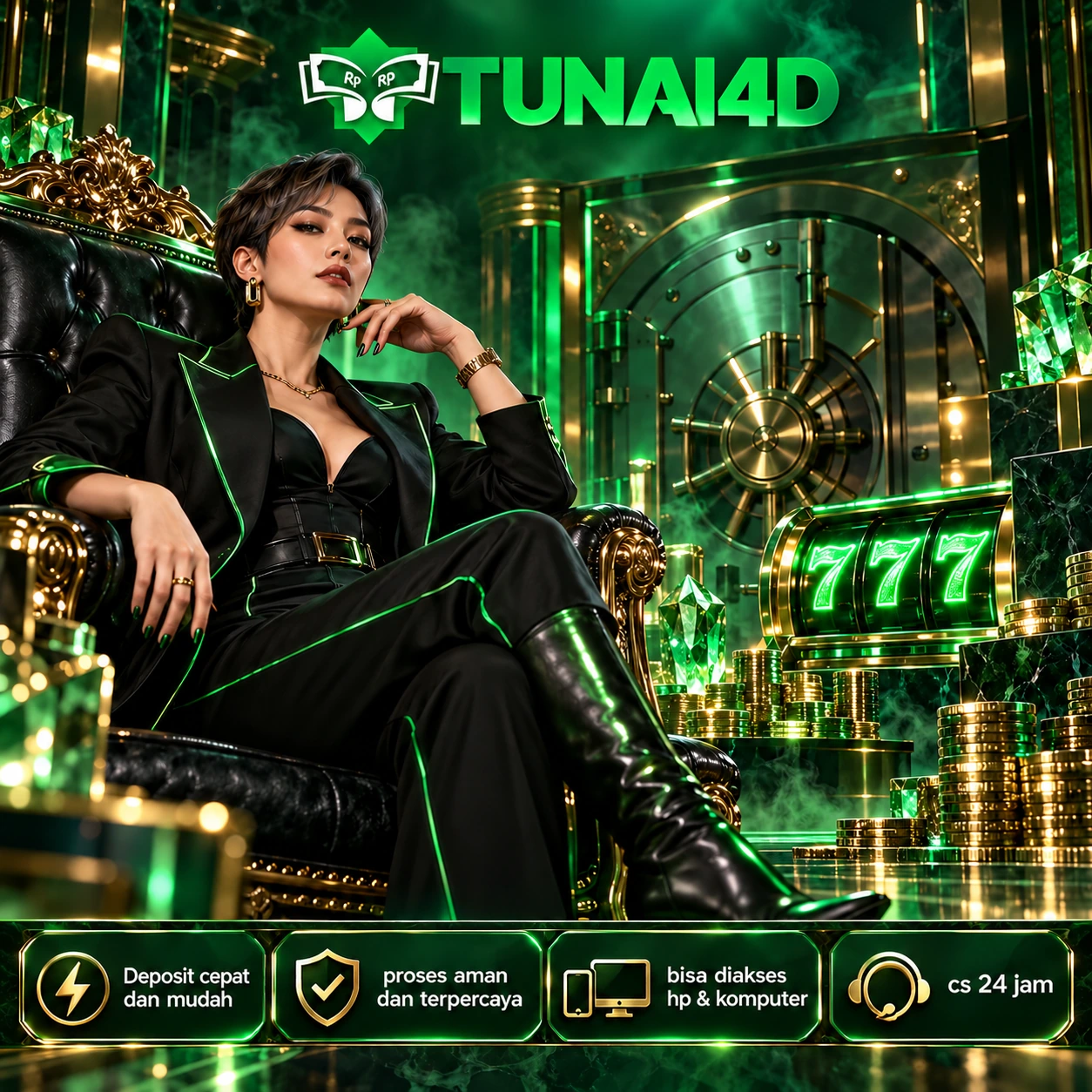 Poster TUNAI4D bertema ruang brankas futuristik hijau emas dengan karakter dan elemen informasi
